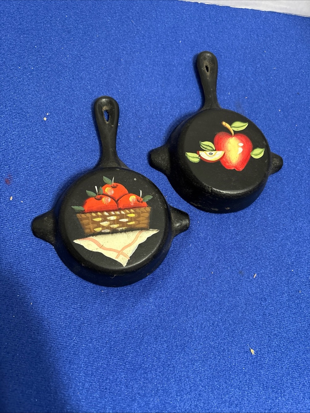 Pair of hand painted mini cast iron pans